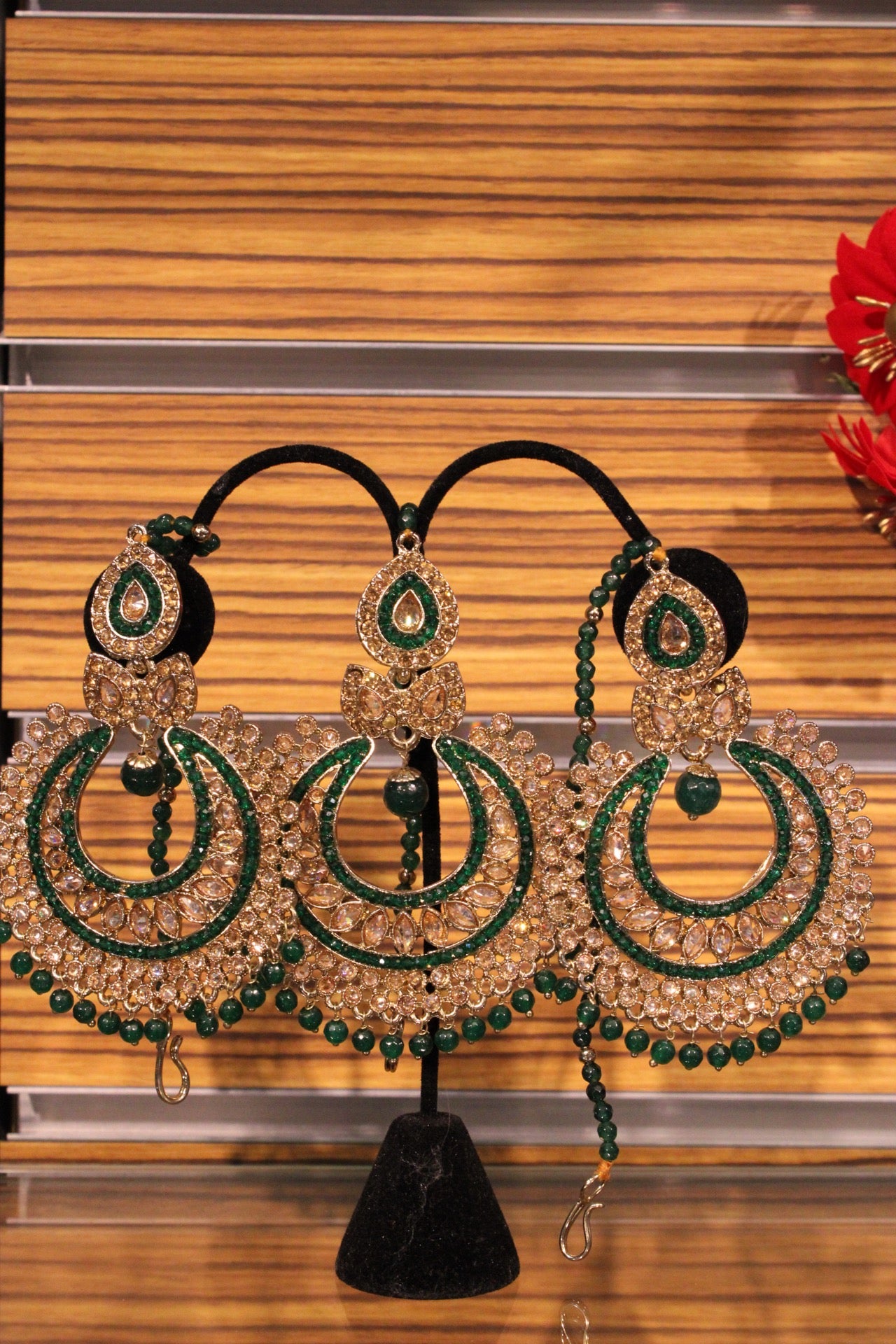 Dark Green Earring with Maangtika