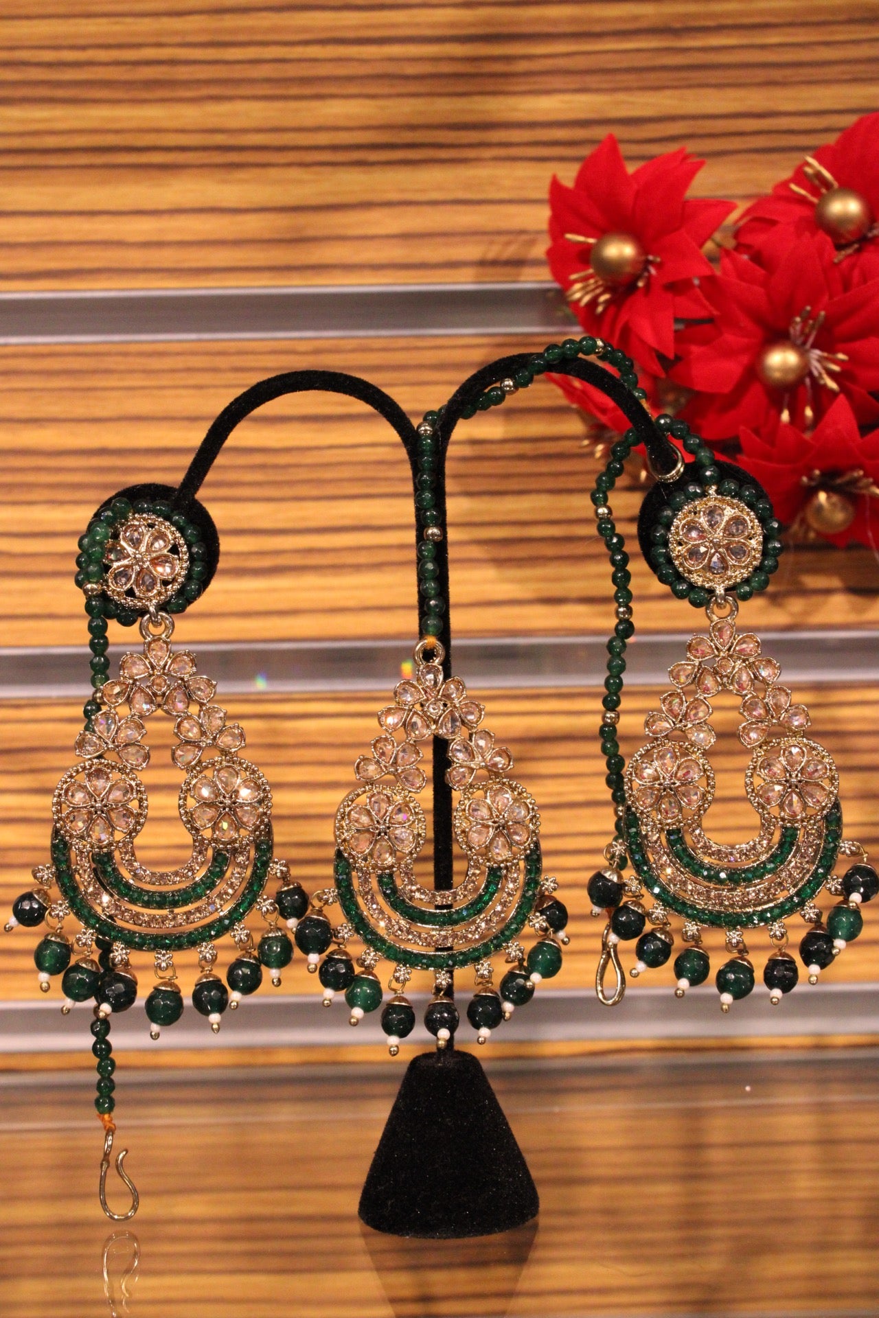 Dark Green Earring with Maangtika